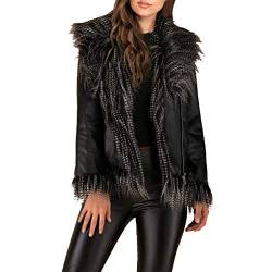 Plot Damen Lederjacke Schwarz mit Faux Pelz Winterjacke Übergangsjacke Kurz Winter Jacken Kurzjacke Outwear Coat von PLOT-Damen Mantel