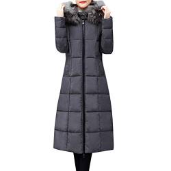 Plot Damen Steppjacke Lang Winterjacke Wintermantel Einfarbig Stepp Jacken mit Pelzkapuze Winter Warm Mantel Outwear Lange Slim Fit Steppmantel Reißverschlus Black Rot Grau von PLOT-Damen Mantel