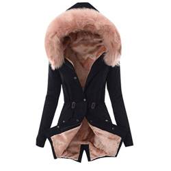 Plot Damen Winterjacke Lang Teddy-Fleece Jacken Winter Warm Parka Jacken Fleecejacke mit Pelzkapuze Winterparka Slim Fit Einfarbig Wintermantel Outwear Coat von PLOT-Damen Mantel