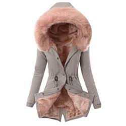 Plot Damen Winterjacke Lang Teddy-Fleece Jacken Winter Warm Parka Jacken Fleecejacke mit Pelzkapuze Winterparka Slim Fit Einfarbig Wintermantel Outwear Coat von PLOT-Damen Mantel