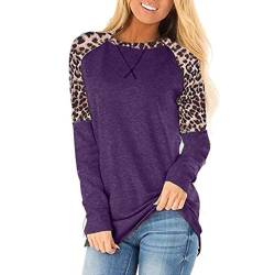 Plot Damen Pullover Langarm Leopard Druck Patchwork T Shirt Rundhals Casual Loose Mode Langarmshirt T-Shirt Sweatshirt Oberteile Tops Basic Tee von PLOT-Damen T Shirt