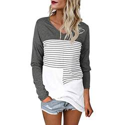 Plot Damen Pullover Langarm T Shirt Sweatshirts V-Ausschnitt Gestreift Patchwork Mode Frauen Herbst Winter Casual Pulli Tops Bluse Tshirt Langarmshirts von PLOT-Damen T Shirt