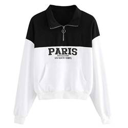 Plot Sweatshirts für Damen Brief Drucken Patchwork Revers Oberteile Reißverschluss Langarm Hoodie Pullover Sweatjacke Pulli Tops Blouse von PLOT-Damen T Shirt