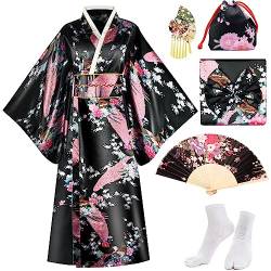 PLULON 5 Stück japanische Kimono-Robe, Geisha-Yukata-Kleid, Pfauenblüten-Satin-Bademantel mit Zubehör für Damen von PLULON
