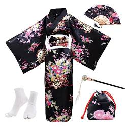 PLULON 5-teiliges japanisches Geisha-Yukata-Kleid, Blüten-Satin-Bademantel mit Kordelzug, Handfächer, Haarnadel, Tabi-Socken-Set für Frauen von PLULON