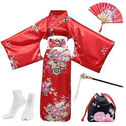 PLULON 5-teiliges japanisches Geisha-Yukata-Kleid, Blüten-Satin-Bademantel mit Kordelzug, Handfächer, Haarnadel, Tabi-Socken-Set für Frauen von PLULON