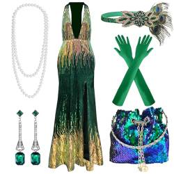 PLULON Damen 1920er-Jahre-Pailletten-Flapper-Kleider, sexy V-Ausschnitt, Gatsby-Cocktailkleid mit 20er-Jahre-Accessoires-Set (grün) von PLULON