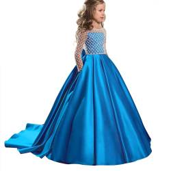 PLWEDDING Atemberaubende Blumenmädchen Kleid mit Langen Zug Kinder Satin Ballkleid für Weihnachten Geburtstag Party(10,Blau) von PLWEDDING