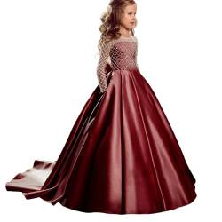 PLWEDDING Atemberaubende Blumenmädchen Kleid mit Langen Zug Kinder Satin Ballkleid für Weihnachten Geburtstag Party(10,Burgundisch) von PLWEDDING