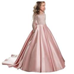 PLWEDDING Atemberaubende Blumenmädchen Kleid mit Langen Zug Kinder Satin Ballkleid für Weihnachten Geburtstag Party(10,Rosa) von PLWEDDING