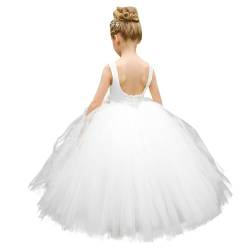 PLWEDDING Blumenmädchen Kleid Geburtstag Tutu Pageant Tüll Prinzessin Ballkleider Party Hochzeit Kinder Satin Kleider(10,weiß) von PLWEDDING