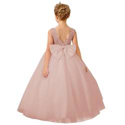 PLWEDDING Elegante Spitze Stickerei Blumenmädchen Kleid für Hochzeit Kinder V-Rücken Ballkleid mit Schleife (12,Rosa) von PLWEDDING