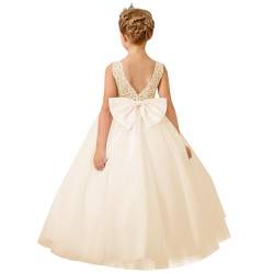 PLWEDDING Elegante Spitze Stickerei Blumenmädchen Kleid für Hochzeit Kinder V-Rücken Ballkleid mit Schleife (6,Champagner) von PLWEDDING