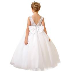 PLWEDDING Elegante Spitze Stickerei Blumenmädchen Kleid für Hochzeit Kinder V-Rücken Ballkleid mit Schleife (6,Weiß) von PLWEDDING