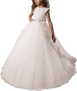 PLWEDDING Fancy Blumenmädchen Kleid Lange Spitze Festzug Puffy Tulle Ballkleid(12,weiß) von PLWEDDING