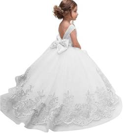 PLWEDDING Fancy Spitze Applikationen Blumenmädchen Kleid Kinder Hochzeitskleid Mädchen Prinzessin Tüll Ballkleid(10,weiß) von PLWEDDING