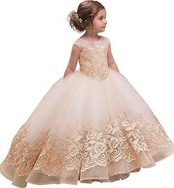 PLWEDDING Fancy Spitze Applikationen Blumenmädchen Kleid Kinder Hochzeitskleid Mädchen Prinzessin Tüll Ballkleid(4,Champagner) von PLWEDDING