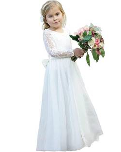 PLWEDDING Fancy Spitze Blumenmädchen Kleid für Hochzeit Mädchen A -Line Erstkommunion Kleider(10,weiß) von PLWEDDING