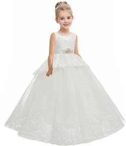 PLWEDDING Spitze Lange Ärmel Blumenmädchen Kleid Prinzessin Tüll Kleid für Kinder Erstkommunion Kleider(2,Weiß ärmellos) von PLWEDDING