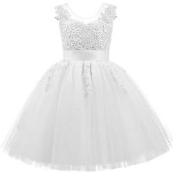 PLWEDDING Spitze V zurück Tüll Blumenmädchen Kleid Junior Mädchen Brautjungfer Hochzeit Partykleider(10,weiß) von PLWEDDING
