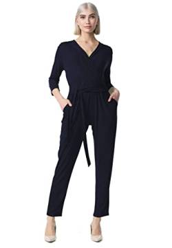 PM SELECTED Damen Business Overall Jumpsuit Wickeloptik mit Bindegürtel 3/4 Ärmel Einheitsgröße PM35 (Navy) von PM SELECTED