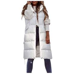 PMJAdd8s4 Daunenweste Lang Mit Kapuze Leichte Gesteppte Weste Mantel Weste Lang Steppweste Damen Steppweste Kurz Mit Taschen Steppweste Damen Daunenjacke Steppjacke Outdoor Weiß,L von PMJAdd8s4