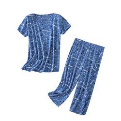 Damen Pyjama Set - Nachtwäsche Tops mit Caprihose Casual und Fun Prints Pyjama Sets, Constellation, S von PNAEONG