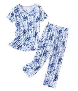 PNAEONG Damen-Pyjama-Set, Nachtwäsche, Oberteil mit Caprihose, lässiger und lustiger Aufdruck, Blaues Feuerwerk, XL von PNAEONG