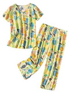 PNAEONG Damen Pyjama Set - Nachtwäsche Tops mit Caprihose Casual und Fun Prints Pyjama Sets, Ananas, XL von PNAEONG