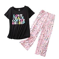 PNAEONG Damen Pyjama Set - Nachtwäsche Tops mit Caprihose Casual und Fun Prints Pyjama Sets, Love Peace, XL von PNAEONG