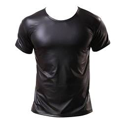 Herren Lack Leder Kurzarm T-Shirt Rundkragen Sexy PU-Leder Solid Color Mode Punk Gothic Top von PODOLIXIA