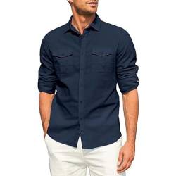 Herren Leinenhemd Baumwolle Lange Ärmel Freizeithemd Revers Solid Color Button-Down Hemd Men's Cargohemd mit Knopfleiste und Taschen Modische Casual Herrenhemd von PODOLIXIA