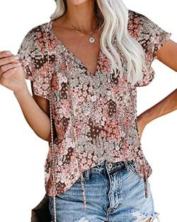 POGTMM Bluse Damen Kurzarm V Ausschnitt Tunika Sommer Chiffon Boho Top Henley-Shirt Oberteil (Khaki,S) von POGTMM