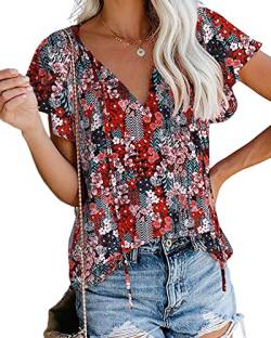 POGTMM Damen Blumen Blusen Kurzarm Sommer Oberteile Damen Sexy V Ausschnitt Bohemian Tshirt Hemd (Floral 1,M) von POGTMM