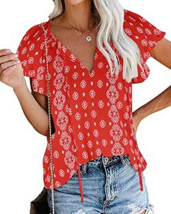 POGTMM Damen Chiffon Bluse Damen Sommer Top V Ausschnitt Tee Blusen Blumen Kurzarm T-Shirt (Rot,M) von POGTMM