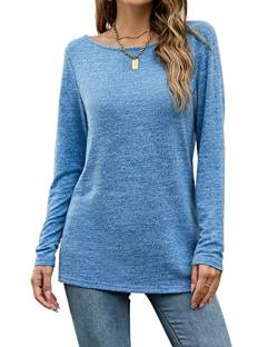 POGTMM Damen Langarmshirt Pullover Einfarbig Long Sleeve Oberteile Herbst Tshirt (Blau,M) von POGTMM