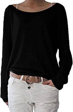 POGTMM Damen Leichte Langarmshirt Oversize U-Neck Einfarbig Strick Lockere Pullover Jumper Bluse Tops (L,Schwarz) von POGTMM