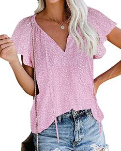 POGTMM Damen Longshirt Kurzarm Blusen Henley Top V-Ausschnitt Blumendruck Tshirt Oberteile (Rosa,S) von POGTMM