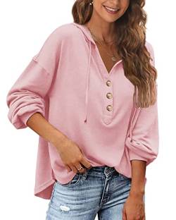 POGTMM Damen Oversize Hoodie Langarm Ärmel Knopfleiste Pullover Longshirt Pulli Sweatshirt Bluse Hemd (Rosa,M) von POGTMM