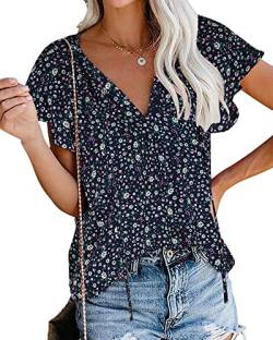 POGTMM Damen Sommer Tshirt Bohemian Leicht Baggy Blouse Alltag V-Ausschnitt Floral Tunikan (Navy Blau,S) von POGTMM