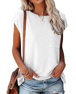 POGTMM Damen T-Shirt Kurzarm Locker Sommer Tops mit Taschen Rundhals Tee Longshirts Blusen (M,Weiss) von POGTMM