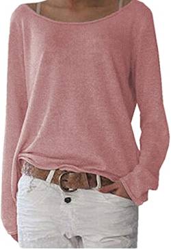 POGTMM Frauen Pullover Leicht Lang Lose Uboot-Ncek Oversized Langarmshirt Pulli Sweatshirt Bluse Tee (XL,Dunkelpink) von POGTMM