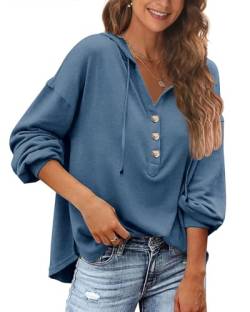 POGTMM Hoodie Langarmshirt Damen Oversize Lang Einfarbig Strick Pullover Bluse Tunika für Herbst (Blau,XL) von POGTMM