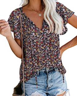 POGTMM Kurzarm Bluse Damen Oberteile Summer Blouse Shirts mit Kordelzug V-Ausschnitt Floral Boho Top (Floral 5,XXL) A von POGTMM