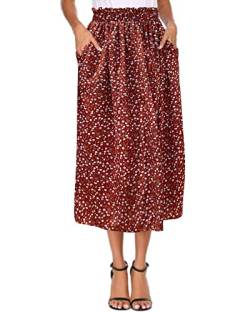 POGTMM Plisseerock Damen Midi Floral Sommerrock Vintage Hohe Taille Midiirock (Rot,M) von POGTMM