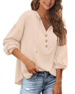 POGTMM Pullover Damen Hoodie Oversize Kapuzenpulli Button Solid Langarm Henley Shirt Sweatshirt (Beige,XXL) von POGTMM
