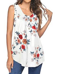 POMTIMCO Bluse Damen Sommer Ärmellos T-Shirt Elegant Plissee Blumen Weste Top Knöpfe Tunika Oberteil (L,Floral 5) von POGTMM