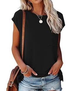 POMTIMCO Damen Casual Loose Bluse T-Shirt Rundhals Solid Baumwolle Kurzarm Top Tunika Oberteile Tee (XXL,Schwarz) von POGTMM