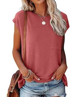 POMTIMCO Damen Kurzarm T-Shirt Casual Rundhals Lässig Locker mit Tasche Sommer Oberteile Bluse Top (L,Ziegelrot) von POGTMM