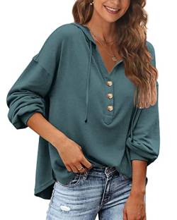 POMTIMCO Damen Lässige Langarmshirt Sweatshirt Lange Ärmel Einfarbige Longpullover Hemd V-Neck Pulli Tops (Dunkelgrün,S) von POGTMM